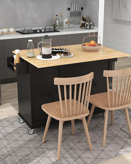 Kitchen Cart with Wood Top and Drop Leaf Breakfast Bar, Rolling Mobile Kitchens Island w/Storage and Towel Rack, Large Storage Cabinet Table for Dinning Room - LeafyLoom
