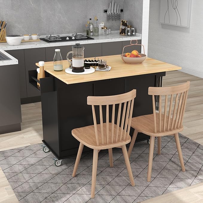 Kitchen Cart with Wood Top and Drop Leaf Breakfast Bar, Rolling Mobile Kitchens Island w/Storage and Towel Rack, Large Storage Cabinet Table for Dinning Room - LeafyLoom