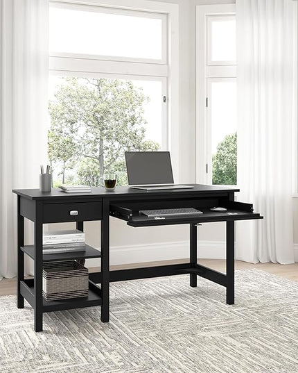 Bush Furniture Broadview 54W Computer Desk with Shelves in Classic Black| Personal Workstation Table and Storage for Home Office Workspace - LeafyLoom