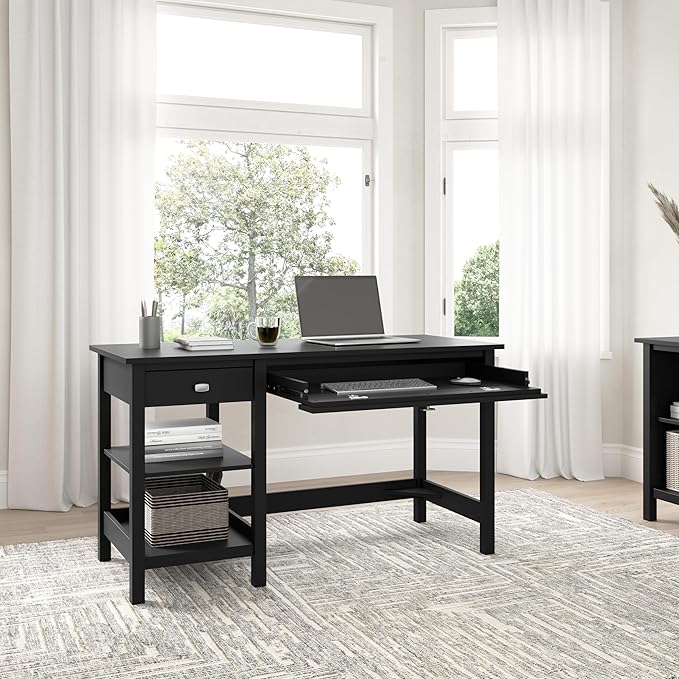 Bush Furniture Broadview 54W Computer Desk with Shelves in Classic Black| Personal Workstation Table and Storage for Home Office Workspace - LeafyLoom