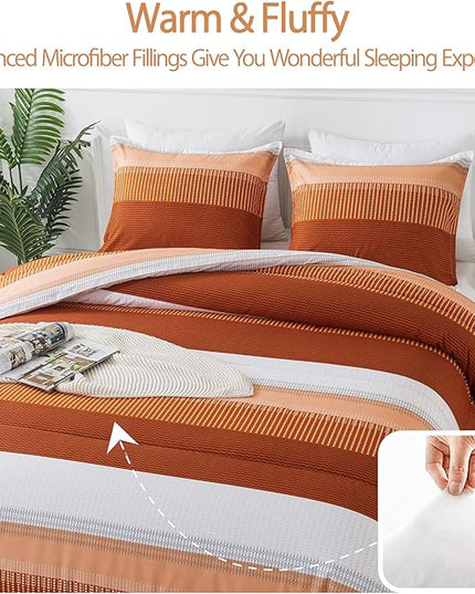 Andency Stripe Comforter Set Twin Size (66x90 Inch), 2 Pieces Terracotta Patchwork Striped Comforter, Soft Microfiber Down Alternative Comforter Bedding Set with Corner Loops - LeafyLoom