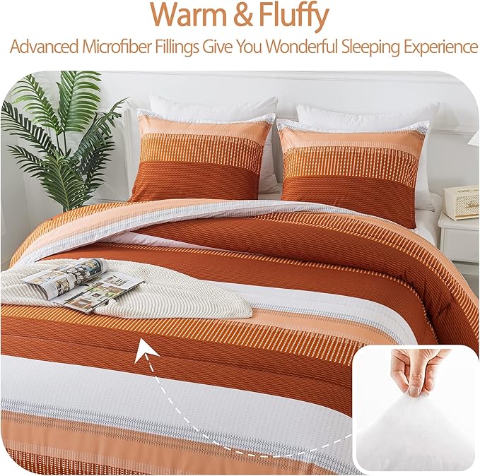 Andency Stripe Comforter Set Twin Size (66x90 Inch), 2 Pieces Terracotta Patchwork Striped Comforter, Soft Microfiber Down Alternative Comforter Bedding Set with Corner Loops - LeafyLoom