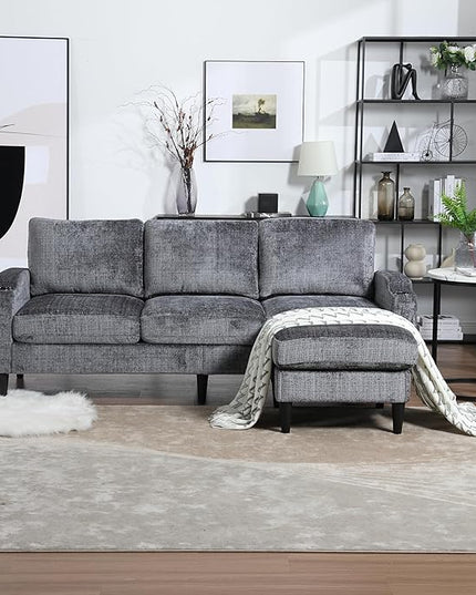 Convertible Sectional Sofa with Movable Storage Ottoman and Cupholders, 3 Seater L-Shaped Corner Couch,Chenille Upholstered Furniture w/Detachable Thicked Cushions for Living Room, Small Space - LeafyLoom