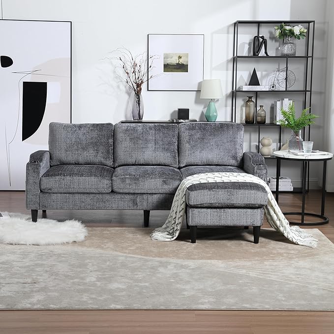 Convertible Sectional Sofa with Movable Storage Ottoman and Cupholders, 3 Seater L-Shaped Corner Couch,Chenille Upholstered Furniture w/Detachable Thicked Cushions for Living Room, Small Space - LeafyLoom