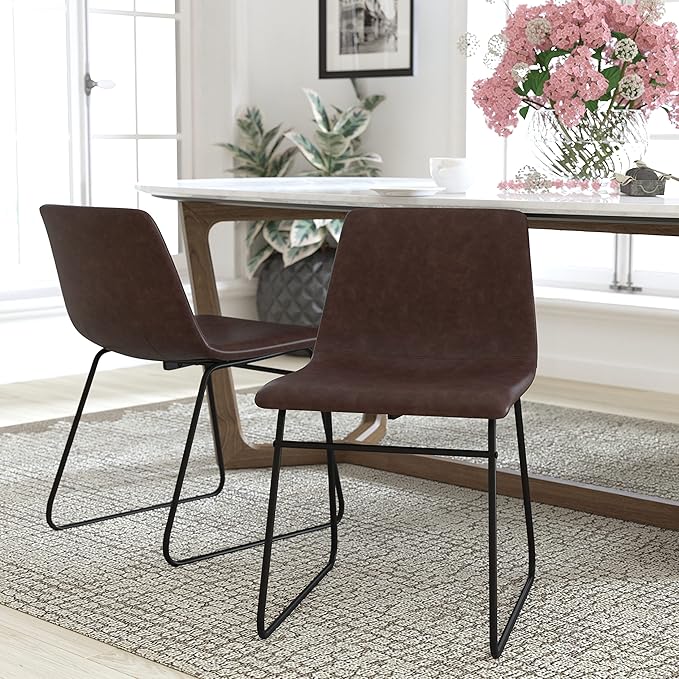 Flash Furniture Butler 18 Inch Commercial Grade LeatherSoft Dining Table Height Chair, Mid-Back Black Sled Base with Dark Brown LeatherSoft Upholstery, Set of 2 - LeafyLoom