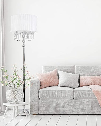 Elegant Designs LF1002-WHT Romantic Cascading Hanging Crystals Sheer Drum Shade Chrome Floor Lamp, White - LeafyLoom