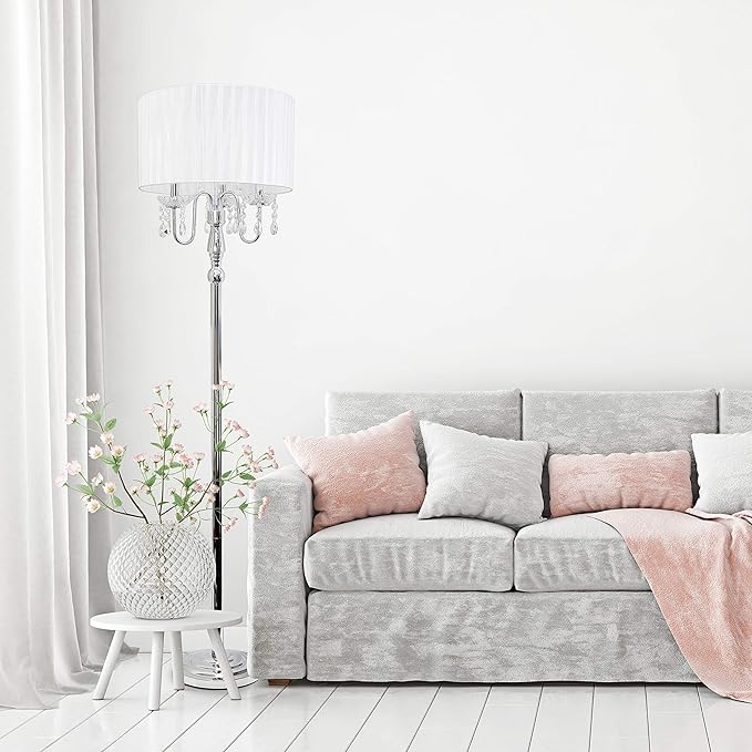 Elegant Designs LF1002-WHT Romantic Cascading Hanging Crystals Sheer Drum Shade Chrome Floor Lamp, White - LeafyLoom