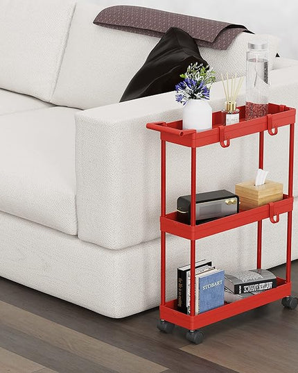SimpleHouseware Kitchen Cart Storage 3-Tier Slim/Super Narrow Shelves with Handle, 26.5'' Height/5.5'' Width for Narrow Place, Red - LeafyLoom
