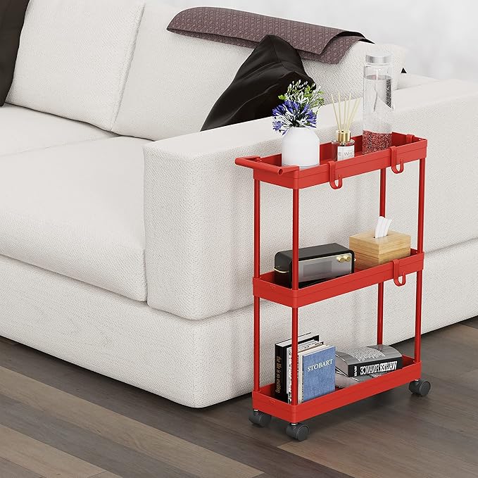 SimpleHouseware Kitchen Cart Storage 3-Tier Slim/Super Narrow Shelves with Handle, 26.5'' Height/5.5'' Width for Narrow Place, Red - LeafyLoom