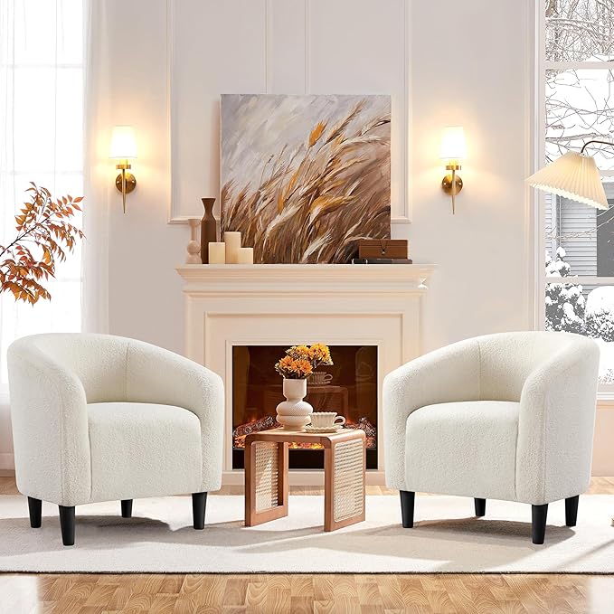 Yaheetech Accent Barrel Chair, Faux Fur Club Chair, Furry Sherpa Elegant and Cozy, Soft Padded Armchair, Suitable for Living Room Bedroom Reception Room Office, Ivory - LeafyLoom