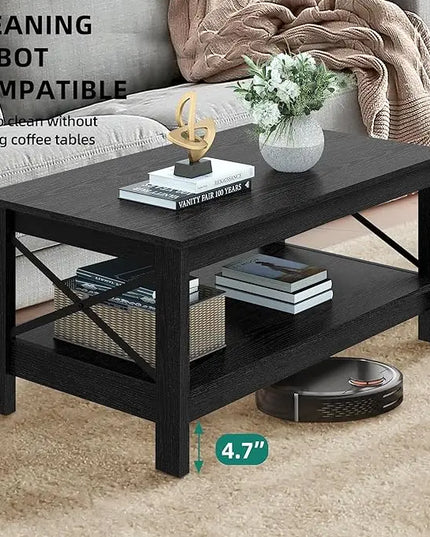 YITAHOME Coffee Table for Living Room,Modern Farmhouse Coffee Table with Storage,2-Tier Center Table for Living Room Wood Living Room Table Accent Cocktail with Sturdy Frame,Black - LeafyLoom