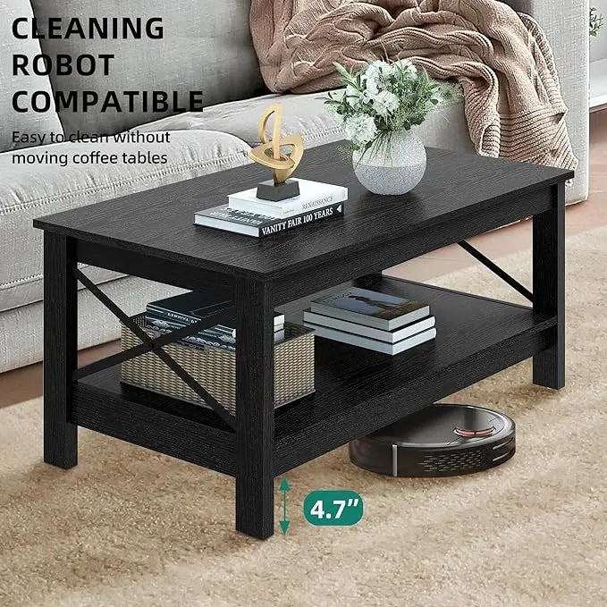 YITAHOME Coffee Table for Living Room,Modern Farmhouse Coffee Table with Storage,2-Tier Center Table for Living Room Wood Living Room Table Accent Cocktail with Sturdy Frame,Black - LeafyLoom