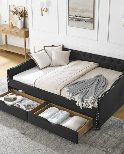 Full Size Daybed with Two Storage Drawers, Linen Upholstered Tufted Sofa Bed w/Button on Back and Copper Nail on Waved Shape Arms, for Bedroom Living Room, No Box Spring Needed, Black - LeafyLoom