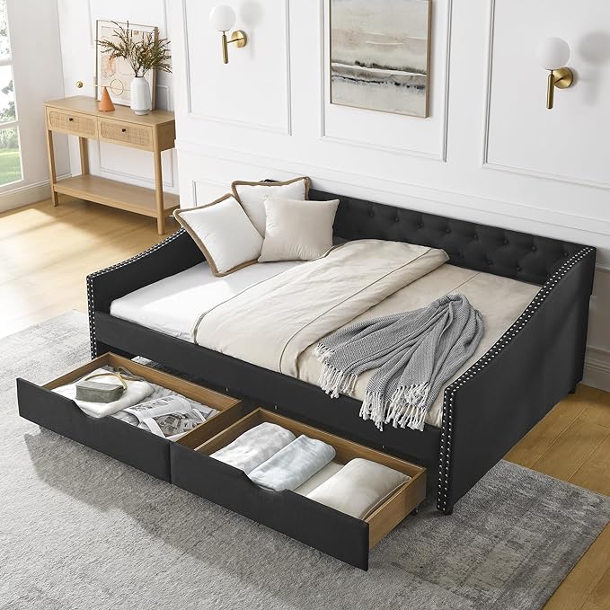 Full Size Daybed with Two Storage Drawers, Linen Upholstered Tufted Sofa Bed w/Button on Back and Copper Nail on Waved Shape Arms, for Bedroom Living Room, No Box Spring Needed, Black - LeafyLoom