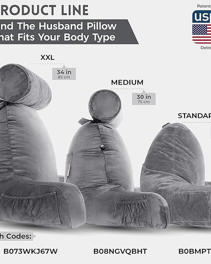 Husband Pillow XXL Dark Grey Backrest with Arms - Adult Reading Pillow Shredded Memory Foam, Ultra-Comfy Removable Microplush Cover & Detachable Neck Roll, Unmatched Support Bed Rest Sit Up Pillow - LeafyLoom