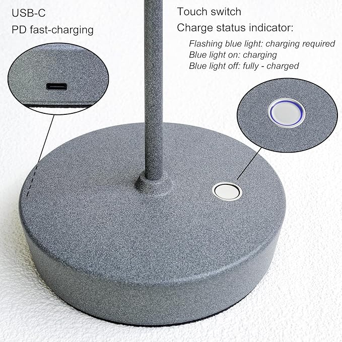 2 Pack Rechargeable Cordless Table Lamp Outdoor Portable LED Battery Operated Light - 3 Color Temperatures Touch Dimmable, IP54 Protection, Suitable for Indoor or Outside (Grey) - LeafyLoom