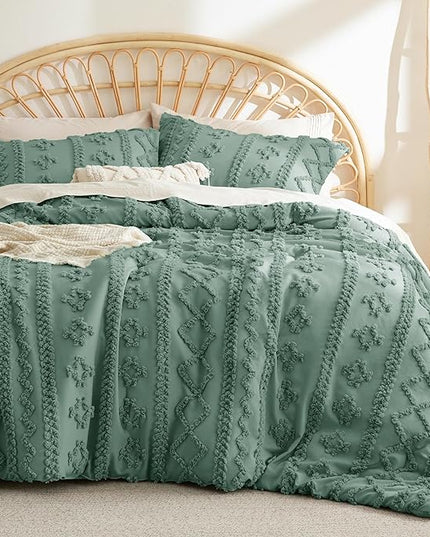 Bedsure Twin/Twin XL Comforter Set Dorm Bedding - Green Boho Bedding Comforter Set, 2 Pieces Farmhouse Shabby Chic Embroidery Bed Set, Soft Jacquard Tufted Comforter for College - LeafyLoom