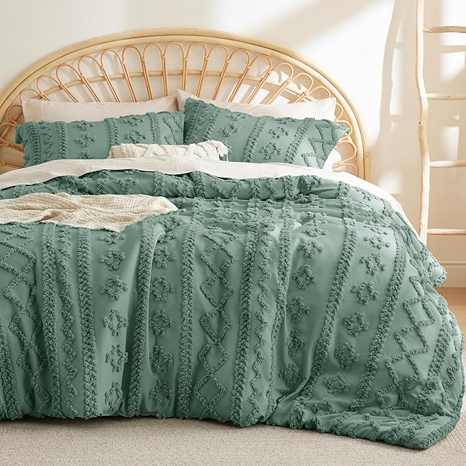 Bedsure Twin/Twin XL Comforter Set Dorm Bedding - Green Boho Bedding Comforter Set, 2 Pieces Farmhouse Shabby Chic Embroidery Bed Set, Soft Jacquard Tufted Comforter for College - LeafyLoom