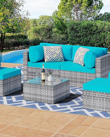 Shintenchi 5 Pieces Outdoor Patio Sectional Sofa Couch, Silver Gray PE Wicker Furniture Conversation Sets with Washable Cushions & Glass Coffee Table for Garden, Poolside, Backyard (Blue) - LeafyLoom