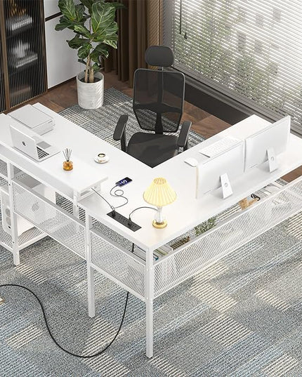 Unikito Reversible L Shaped Desk with Power Outlets and Smart LED Light, 55 Inch Computer Office Desk, Unique Grid Design, Corner Writing Gaming Table with Monitor Stand and Storage Shelf, White - LeafyLoom