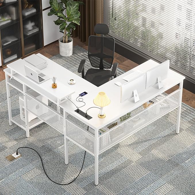 Unikito Reversible L Shaped Desk with Power Outlets and Smart LED Light, 55 Inch Computer Office Desk, Unique Grid Design, Corner Writing Gaming Table with Monitor Stand and Storage Shelf, White - LeafyLoom