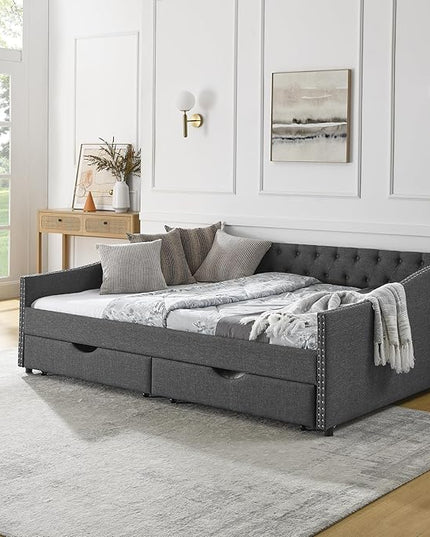 Queen Size Daybed with Two Storage Drawers, Linen Upholstered Tufted Sofa Bed w/Button on Back and Copper Nail on Waved Shape Arms, for Bedroom Living Room, No Box Spring Needed, Dark Grey - LeafyLoom