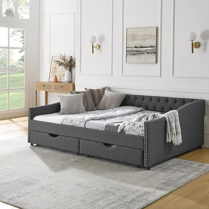 Queen Size Daybed with Two Storage Drawers, Linen Upholstered Tufted Sofa Bed w/Button on Back and Copper Nail on Waved Shape Arms, for Bedroom Living Room, No Box Spring Needed, Dark Grey - LeafyLoom