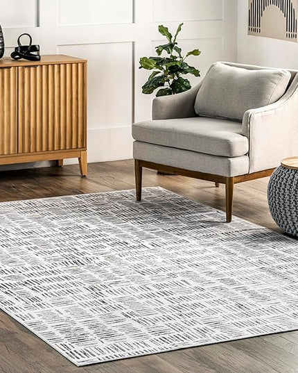 nuLOOM Mitzi Abstract Lines Machine Washable Ultra Thin Area Rug, 5' x 8', Light Grey - LeafyLoom