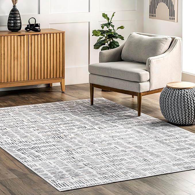 nuLOOM Mitzi Abstract Lines Machine Washable Ultra Thin Area Rug, 5' x 8', Light Grey - LeafyLoom