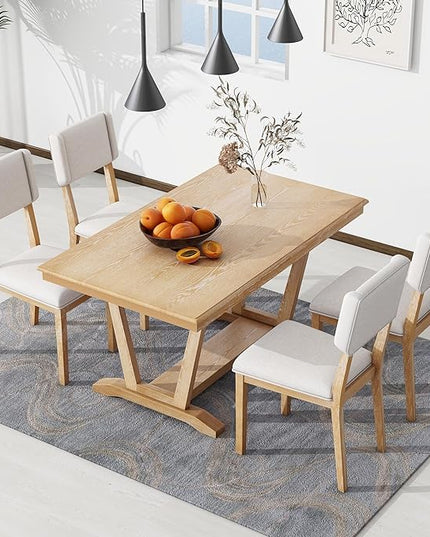 Solid Wood 5-Piece Dining Set with 4 Upholstered Chairs, 59-inch Rectangular Tabletop with Trestle Table Base, for Kitchen Living Room, Natural - LeafyLoom