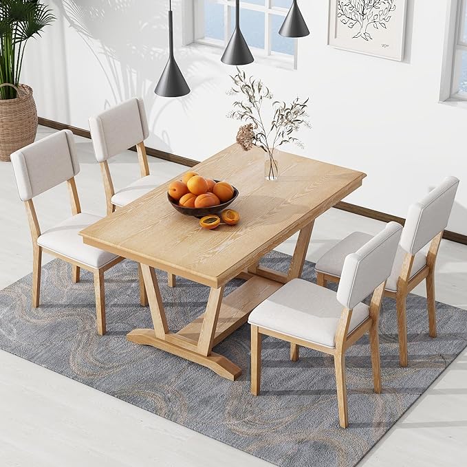 Solid Wood 5-Piece Dining Set with 4 Upholstered Chairs, 59-inch Rectangular Tabletop with Trestle Table Base, for Kitchen Living Room, Natural - LeafyLoom