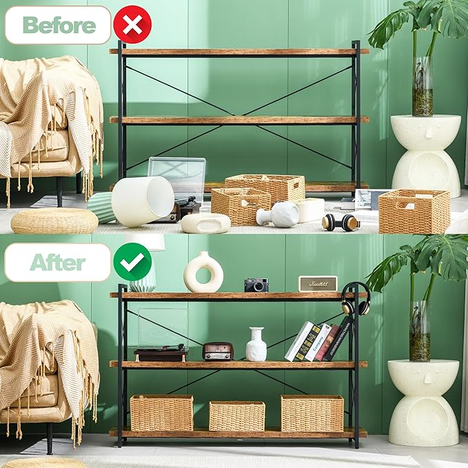 HCHQHS Bookshelf, 3-Tier Long Industrial Bookcase, Rustic Open Book Shelf, Freestanding Horizontal Bookshelves with Metal Frame - LeafyLoom