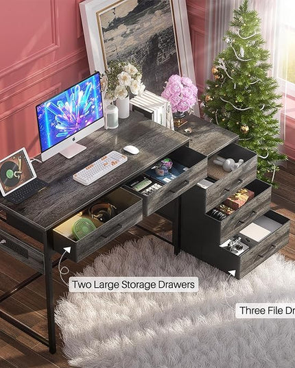 Computer Desk with 5 Drawers, Reversible Office Desk with Power Outlets and USB Charging Ports, Sturdy Writing Table with File Cabinet Printer Stand, PC Desk for Small Spaces, Black Oak - LeafyLoom