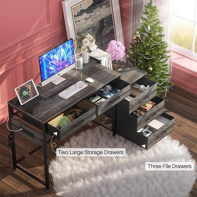Computer Desk with 5 Drawers, Reversible Office Desk with Power Outlets and USB Charging Ports, Sturdy Writing Table with File Cabinet Printer Stand, PC Desk for Small Spaces, Black Oak - LeafyLoom