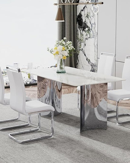 NicBex Modern Minimalist Dining Table White Imitation Marble Glass Sticker Desktop Stainless Steel Legs Stable and Beautiful Suitable for Living Room and Dining Room, White + Silver - LeafyLoom