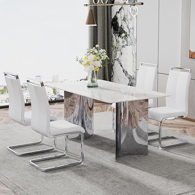 NicBex Modern Minimalist Dining Table White Imitation Marble Glass Sticker Desktop Stainless Steel Legs Stable and Beautiful Suitable for Living Room and Dining Room, White + Silver - LeafyLoom