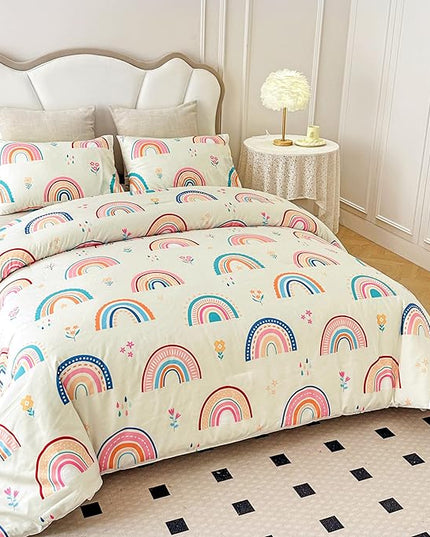 Btargot Lightweight Soft 3 Piece Rainbow Comforter Set with 2 Pillow Covers, Cartoon Love Hearts Flowers and Grass Bedding Set for Girls Boys Kids, Full Multi-Color - LeafyLoom