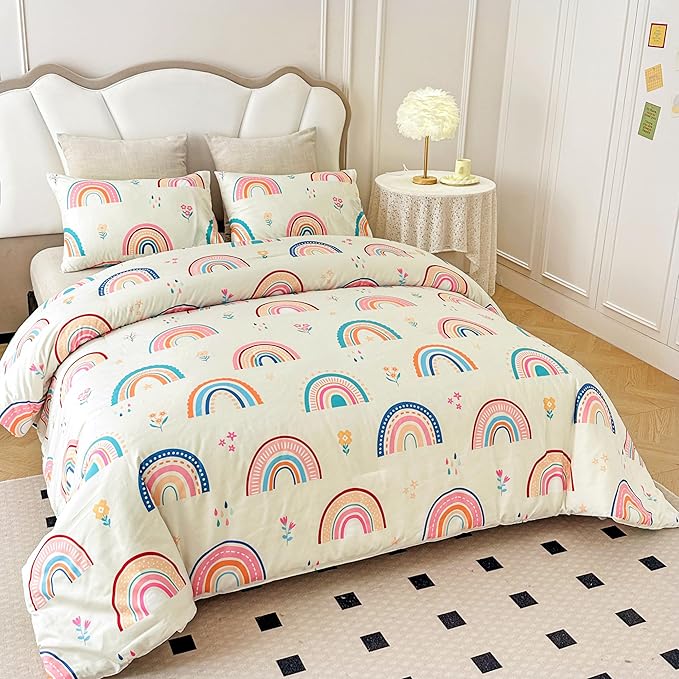 Btargot Lightweight Soft 3 Piece Rainbow Comforter Set with 2 Pillow Covers, Cartoon Love Hearts Flowers and Grass Bedding Set for Girls Boys Kids, Full Multi-Color - LeafyLoom