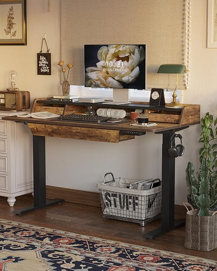 FEZIBO Standing Desk Adjustable Height with Drawers, 48 x 25 Inch Stand Up Desk with Storage Shelf, Electric Standing Desk with Storage Space, Rustic Brown Top/Black Frame - LeafyLoom