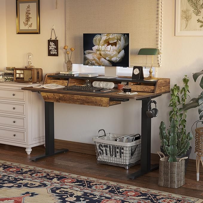 FEZIBO Standing Desk Adjustable Height with Drawers, 48 x 25 Inch Stand Up Desk with Storage Shelf, Electric Standing Desk with Storage Space, Rustic Brown Top/Black Frame - LeafyLoom