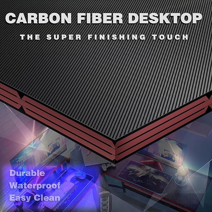 L Shaped Gaming Desk, 51 Inch Computer Corner Table with Large Monitor Stand & Carbon Fiber Surface for Home Office Study Writing Workstation, Black - LeafyLoom