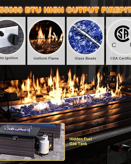 Patio Furniture Sectional Sofa Set 13-Pieces PE Rattan Patio Conversation Set w/43in Gas Fire Pit Table, Outdoor Furniture with 55000 BTU Propane Fire Pit, Sand - LeafyLoom