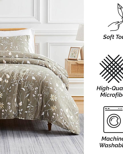 Southshore Fine Living, Inc. Twin Comforter Set, Down Alternative All-Season Floral Comforter with Matching Pillow Sham, Soft Microfiber Bedspread for Twin or Twin XL Bed, Secret Meadow Brown - LeafyLoom