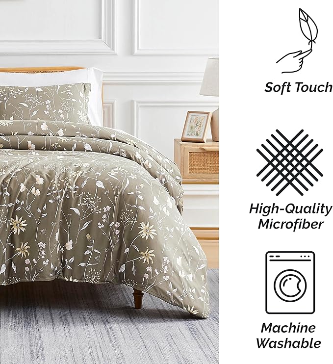 Southshore Fine Living, Inc. Twin Comforter Set, Down Alternative All-Season Floral Comforter with Matching Pillow Sham, Soft Microfiber Bedspread for Twin or Twin XL Bed, Secret Meadow Brown - LeafyLoom