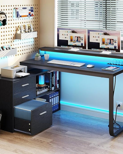 YITAHOME L Shaped Desk with Power Outlets & LED Lights & File Cabinet, 55" Corner Computer Desk with 3 Drawers and 2 Storage Shelves, Home Office Desk with Monitor Stand, Black - LeafyLoom