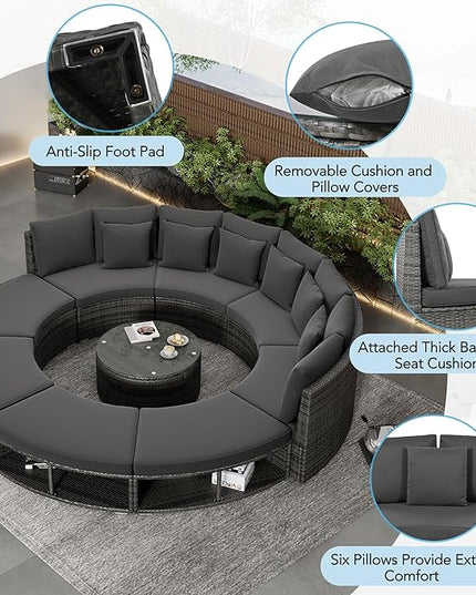 9-Pieces Outdoor Patio Furniture Set, Rattan Wicker Circular Sectional Sofa with Storage, Tempered Glass Table and 6 Pillows, Garden Lawn Half Moon Conversation Couch, Grey - LeafyLoom