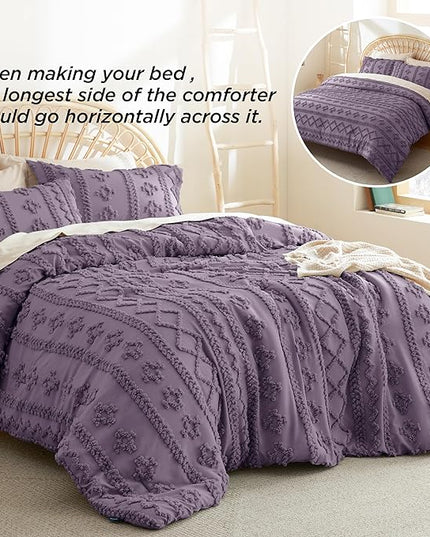 Bedsure Tufted Boho Comforter Set King - Grayish Purple Boho Bedding Comforter Set, 3 Pieces Farmhouse Shabby Chic Embroidery Bed Set, Soft Jacquard Comforter for All Seasons - LeafyLoom