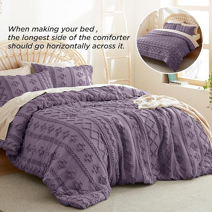 Bedsure Tufted Boho Comforter Set King - Grayish Purple Boho Bedding Comforter Set, 3 Pieces Farmhouse Shabby Chic Embroidery Bed Set, Soft Jacquard Comforter for All Seasons - LeafyLoom