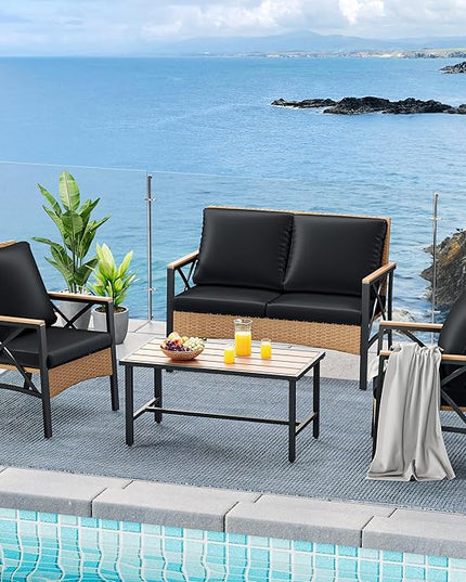 YITAHOME 4-Piece Patio Wicker Furniture Set with Wood Armrest, All Weather Rattan Conversation Furniture Sets for Backyard, Balcony, Deck w/Soft Cushions and Plastic Wood Table (Light Brown+Black) - LeafyLoom