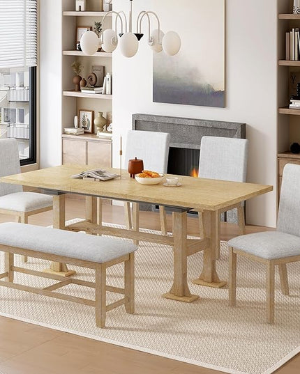 76Inch Dining Table Set for 6, Extendable Dining Table with 18inch Removable Leaf and Upholstered Dining Chair and Bench for Dining Room, Natural+Light Grey - LeafyLoom